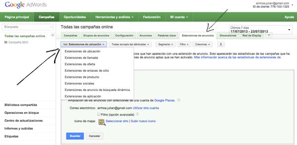 panel extensiones localización